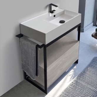 Console Bathroom Vanity Console Sink Vanity With Ceramic Sink and Grey Oak Drawer Scarabeo 5118-SOL1-88